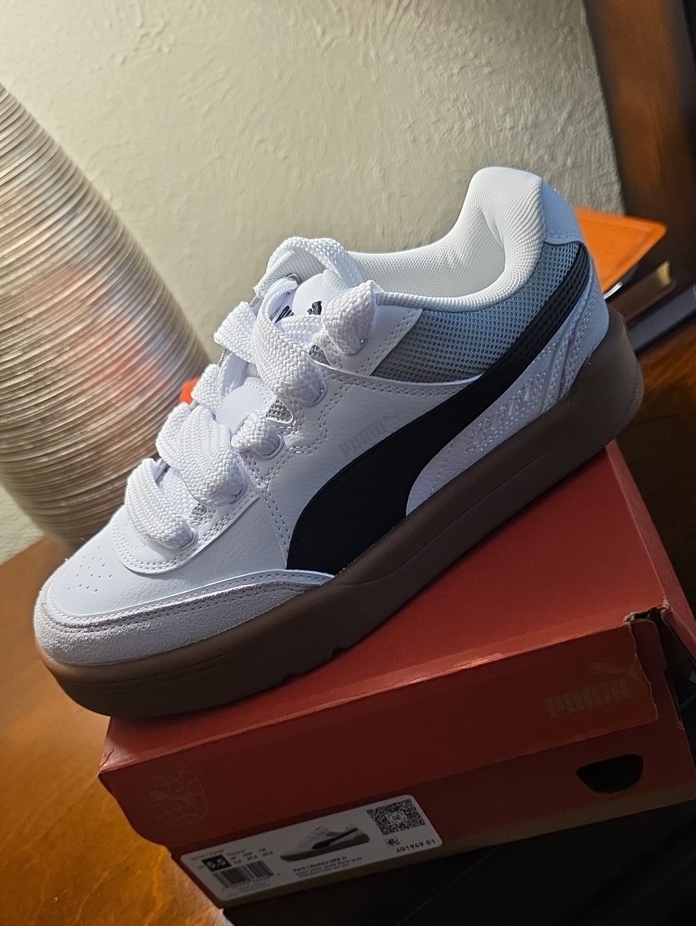 Puma Kids White & Black Low-Top Sneaker with Brown Sole